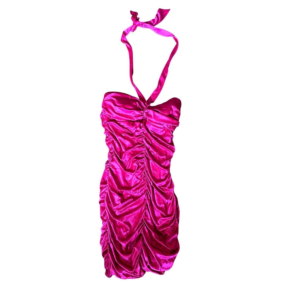 Taboo Vintage 90s Y2K Fuchsia Ruched Halter Bodycon Mini Going Out Dress 9/10